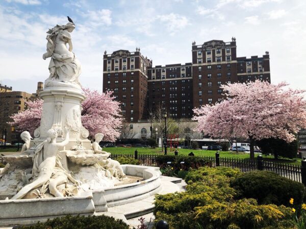 Lorelei Fountain in Joyce Kilmer Park Bronx in May.